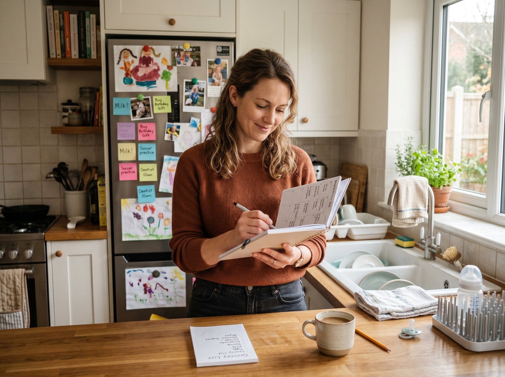 Mother managing family schedules, childcare, and household responsibilities while carrying the invisible mental load of motherhood