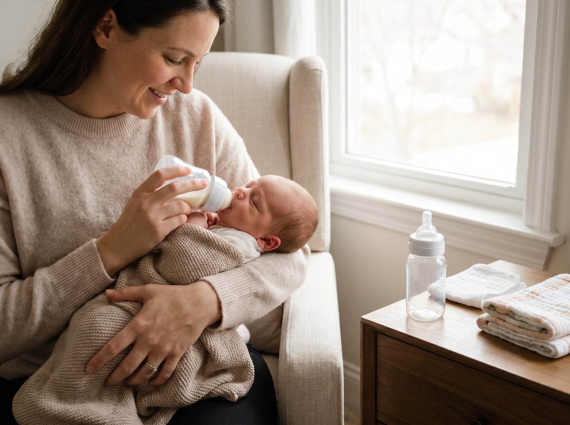 Correctly applying a semi-upright baby feeding position and bottle angle adjustments to reduce infant gas and support digestive comfort.