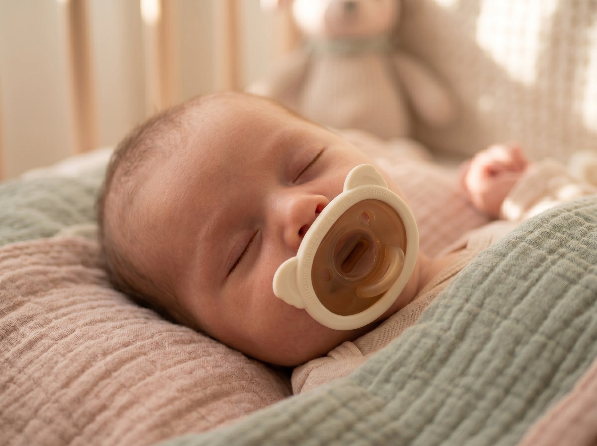Newborn baby safely sleeping with an orthodontic food-grade silicone pacifier to support non-nutritive sucking reflex and breastfeeding bond.